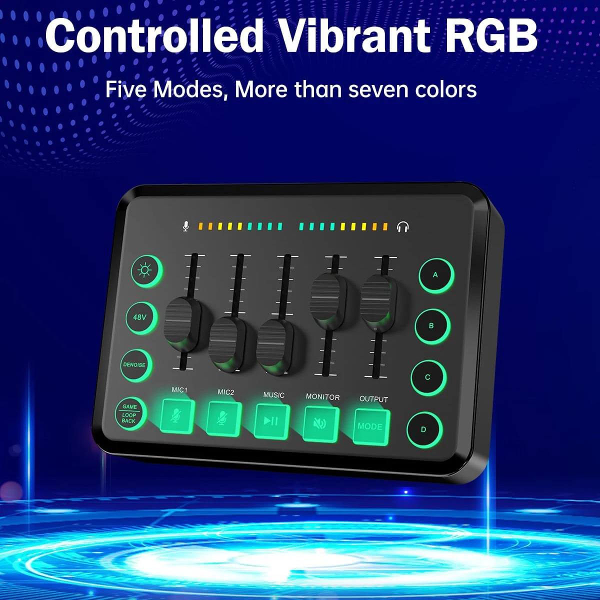 Yinker Gaming Audiomixer, RGB Audio-interface met 48V Phantom Power, Bluetooth, Voice Changer, 6 Aangepaste Geluidspads voor Live Streaming, Podcasting, Opname