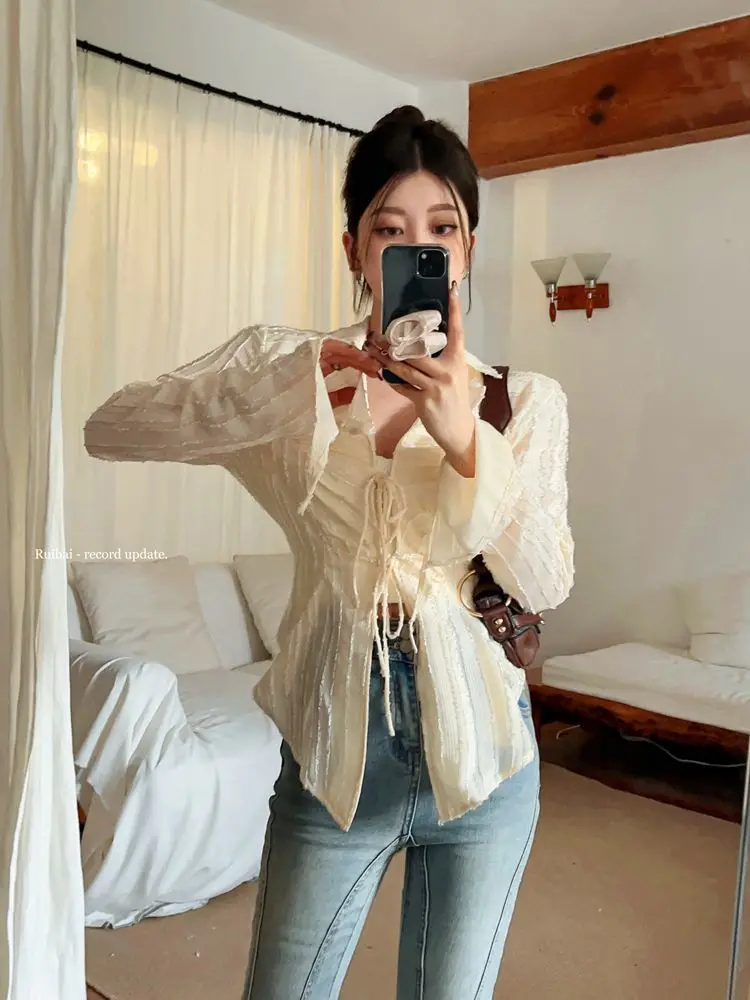 Aprikose Chiffon Sonnenschutz Shirt Damen Langarm Shirt V-Ausschnitt Unregelmäßiges Top – Detail 6