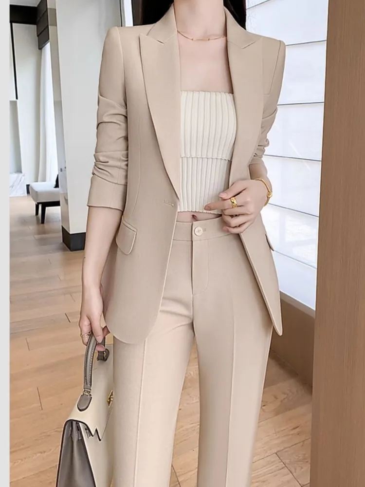 Fashion New Women Vintage Formal Solid Pantsuit Elegant Chic Blazer Coat Straight Pants Outfits Female Interview Two Pieces Set