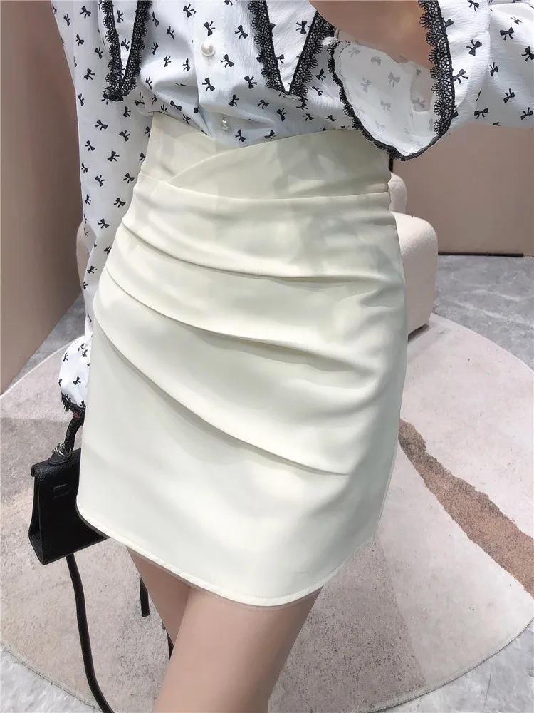 Elegant Black Pleated Mini Skirts Summer 2022 New Side Zipper Party High Waist Sexy Pencil Skirt Korean Fashion Clothing White brown skirt