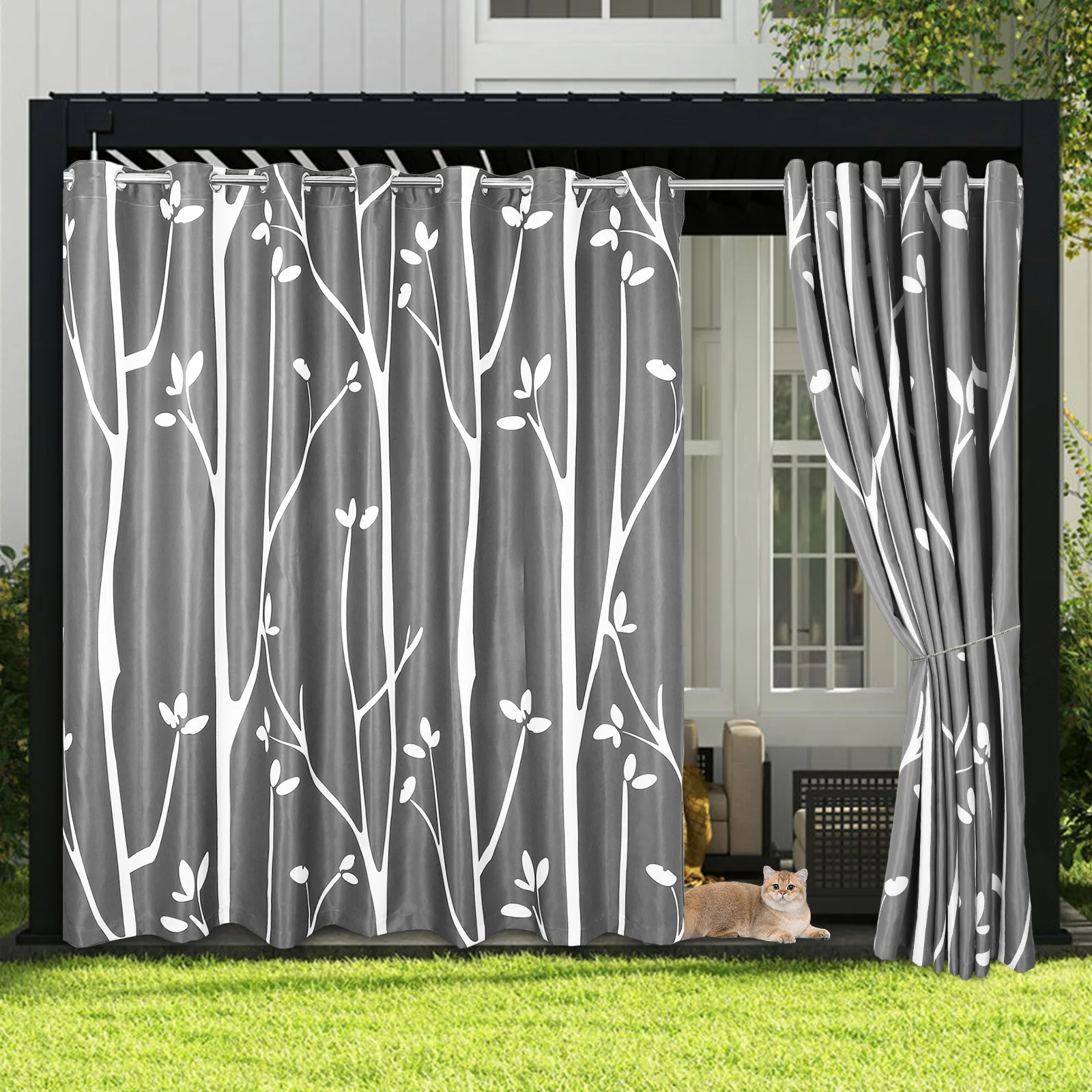 Outdoor Patio Waterproof Curtain Printed Tree Branch Windproof Blackout Drapes Heat Insulating Rod Pocket Voile sheer Curtains 2