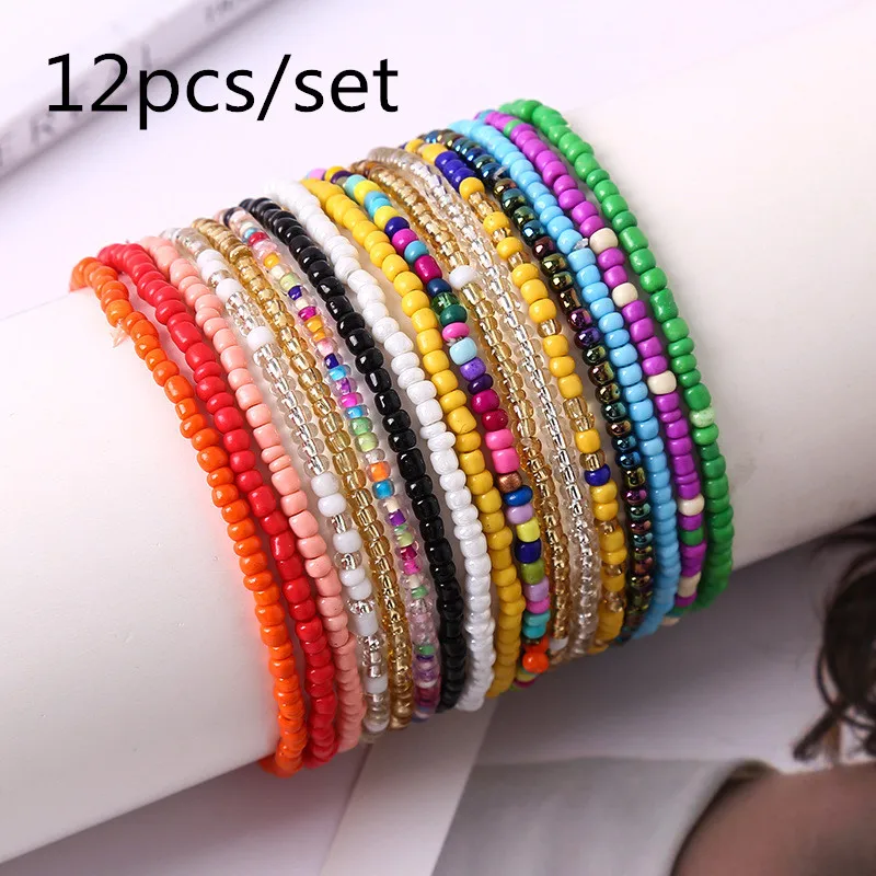 Boho Colourful Rice Bead Anklet Set For Women Sandy Beach Chain On Leg Ankle Bracelet Lady Bohemia Jewelry Gifts 12Pcs beads anklet fashion accessories bead bracelet