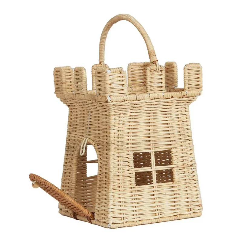 Hand-woven Storage Baskets Rustic Vacation Picnic Carrying Basket Children Design Cute Rattan Castle Bag Kids Toys Photo Props 5