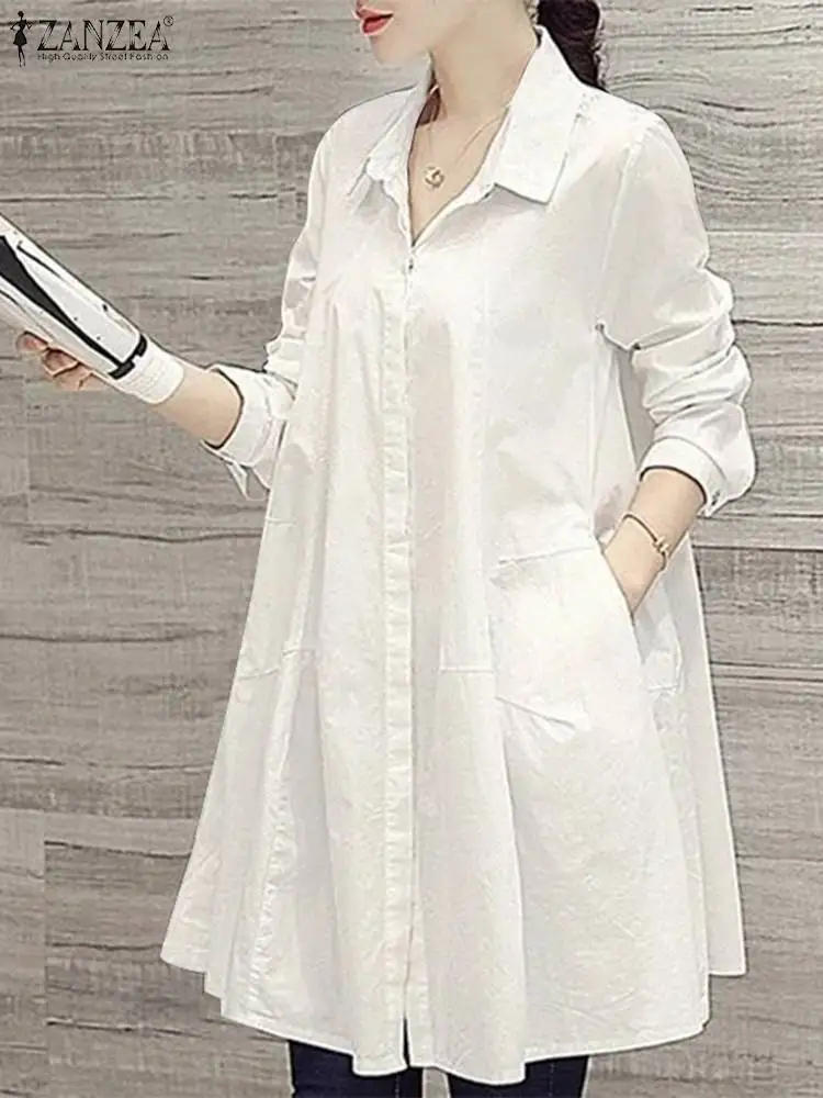 

Модные весенние женские свободные топы ZANZEA, рубашка с длинным рукавом и воротником с лацканами, блузы на пуговицах, рубашка, повседневные однотонные рабочие праздничные топы, туника