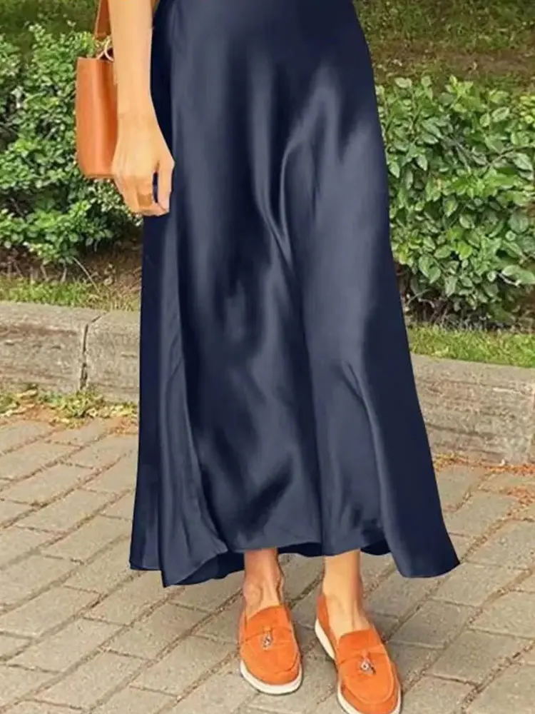 HH Skirt For Women Elegant Pink Skirts High Waist Slim Elastic Waist Satin Long Skirts 2024 Summer Casual Y2k Skirt Mujer