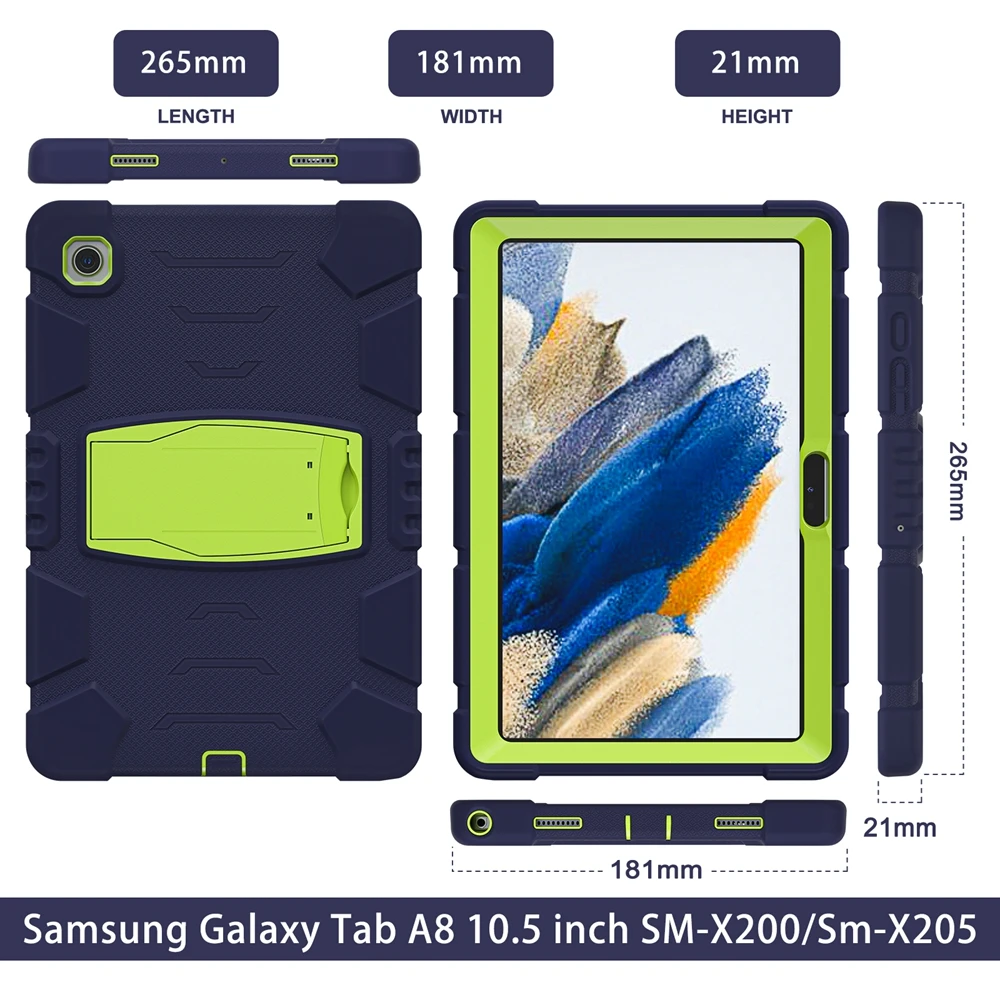 삼성 갤럭시 탭 A8 10.5 인치 SM-X200 X205 2021 케이스, 어린이 안전 아머, 충격 방지 PC 실리콘 하이브리드 스탠드 커버