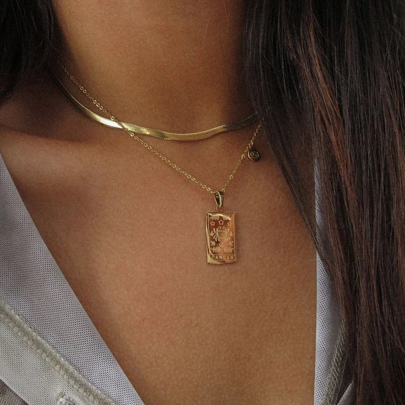 12 Constellations Horoscope Square Pendant Necklace for Women Men Vintage Gold Color Clavicle Chain Choker Collar Birhday Gifts