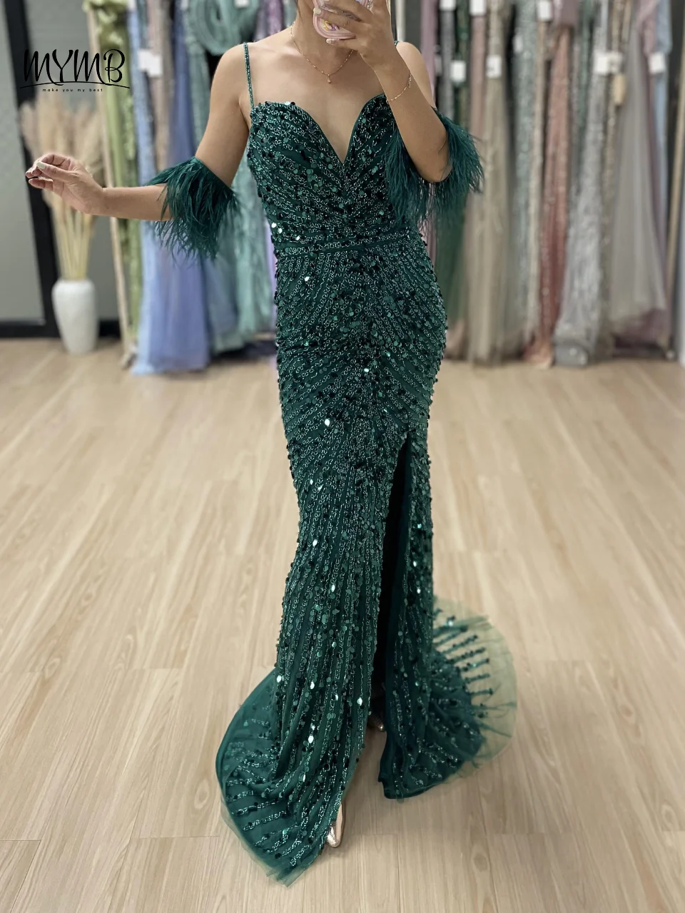 MYMB Sparkly Spaghetti-Trägern Meerjungfrau Abend Prom Party Kleider für Gala Luxus Perlen High Split Hochzeit Gast Kleider MY30032 – Detail 7