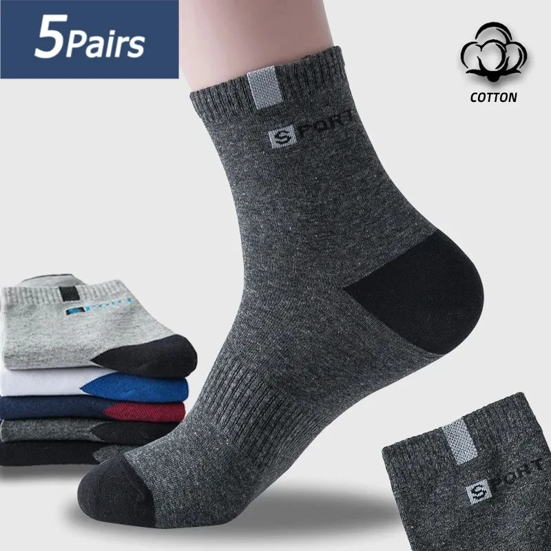 Cotton Sock 5 Pairs for Men Sport Breathable Soft Letter Fashion Sneakers High Elastic Middle Tube Stocking Towel Sox Summer