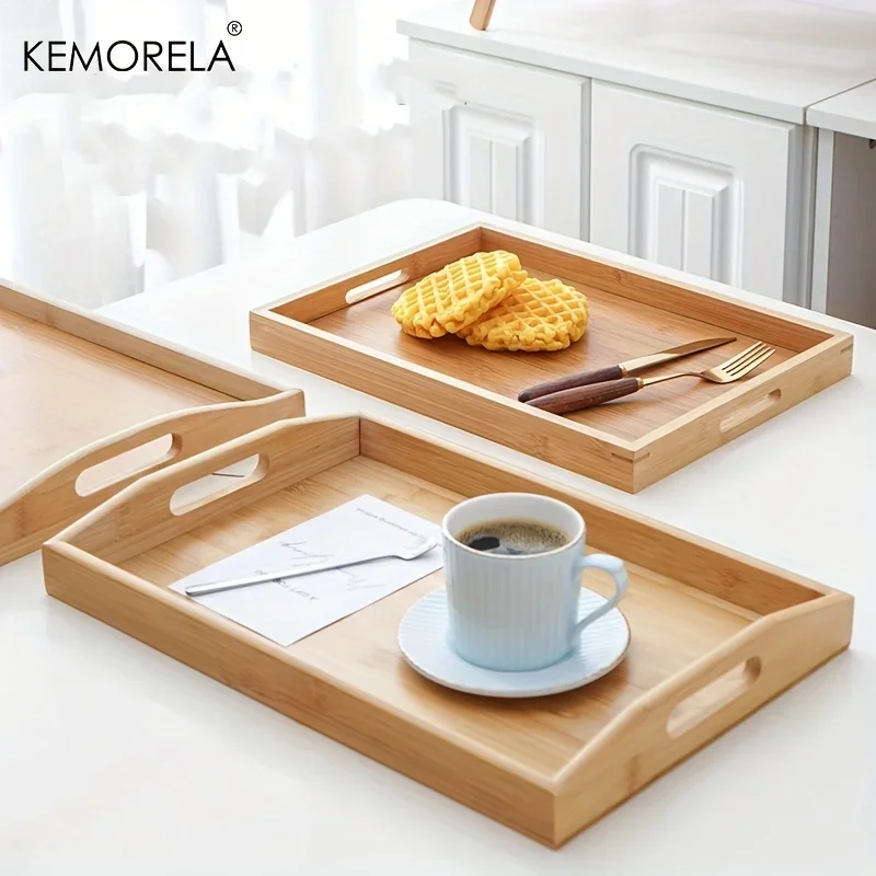 Bamboo Wooden Tea Tray Rectangular Solid Wood Tea Cup Trays Hotel Dinner Plate Storage Utensils With Handles Elegant Tableware Wooden Serving Tray