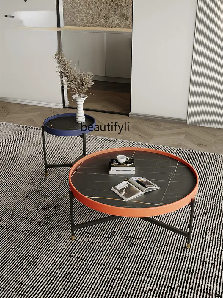 

zq Italian Stone Plate Coffee Table Home Saddle Leather Combination Size round Table Sofa Creative Corner Table Balcony Table