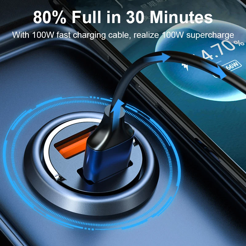 EONLINE 200W Mini Dual USB Car Charger 100W Quick Charge Adapter Car iPhone Charger Accessories Hidden Pull Ring Car CO VIVO