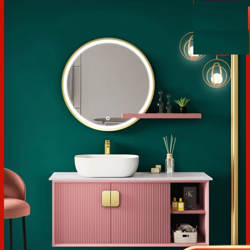 

Light Luxury Bathroom Cabinet round Mirror Combination Bathroom Face Washing Wash Basin Washstand White