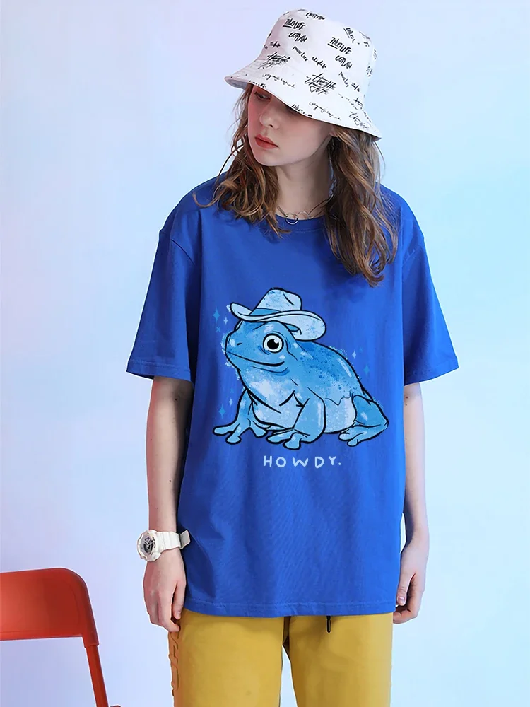 

Женская хлопковая футболка с коротким рукавом, мягкая свободная дышащая Футболка с принтом ковбойской лягушки в винтажном стиле