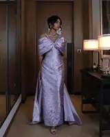 Arabic Lilac Off Shoulder Lilac Evening Dress with Cape Overskir Luxury Dubai Beaded Women Wedding Party Gowns 341 1