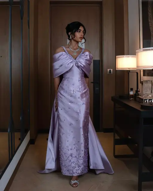 Arabic Lilac Off Shoulder Lilac Evening Dress with Cape Overskir Luxury Dubai Beaded Women Wedding Party Gowns 341 3