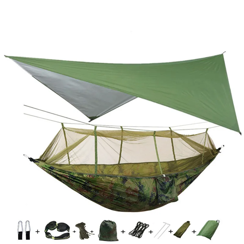 Portable Nylon Camping Hammock with Mosquito Net Rainfly Tent Tree Straps,for Camping Hiking Backyard Travel Outdoor Backpacking 