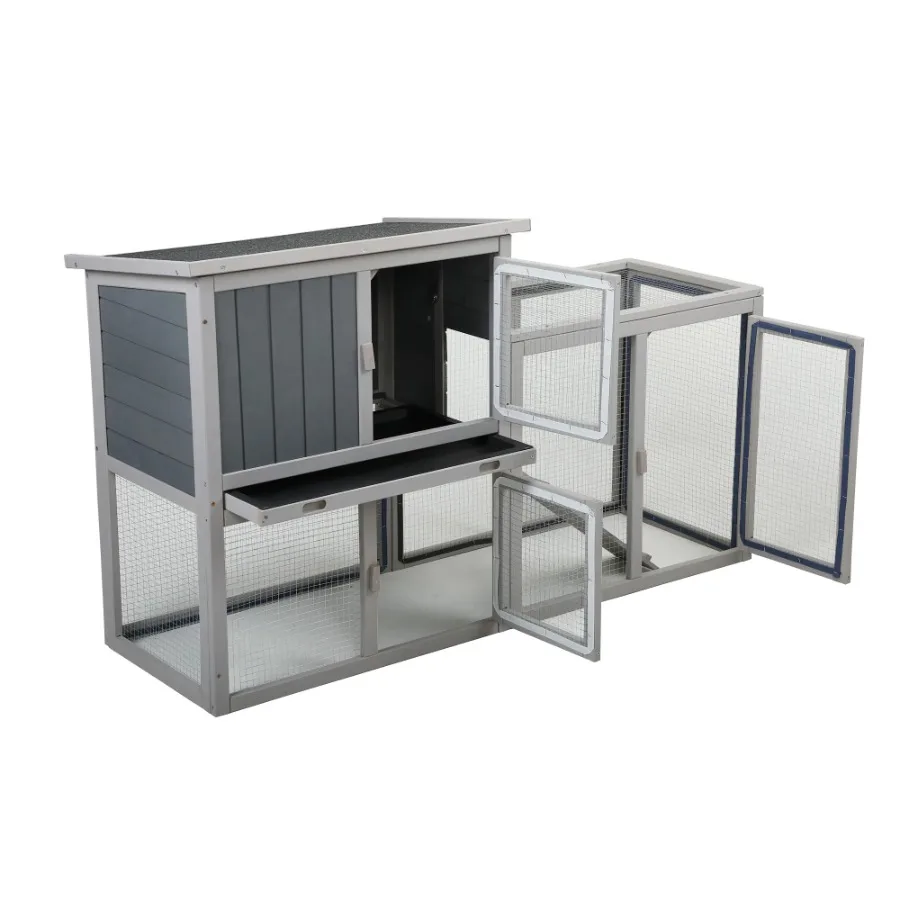 Wooden Rabbit Hutch Chicken Coop Removable Tray 3 Lockable Doors Indoor Outdoor Gray White