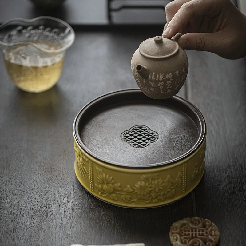Light Yellow Relief Plum Orchid Ceramic Pot Bearing Support Kung Fu Tea Dry Bubble Tray Water Storage Holder With Cover Tea Tary