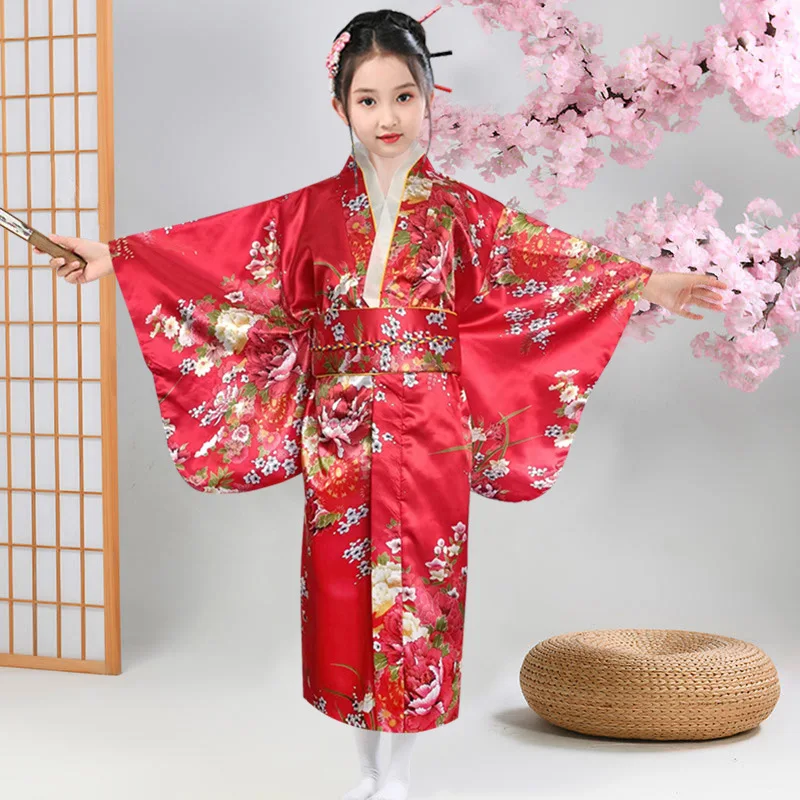 Japan Kimono Girl Flower Bird Print Retro Vibrating Sleeve 120-150Cm 4Colors Long Dress Improved Japanese Style Children Set