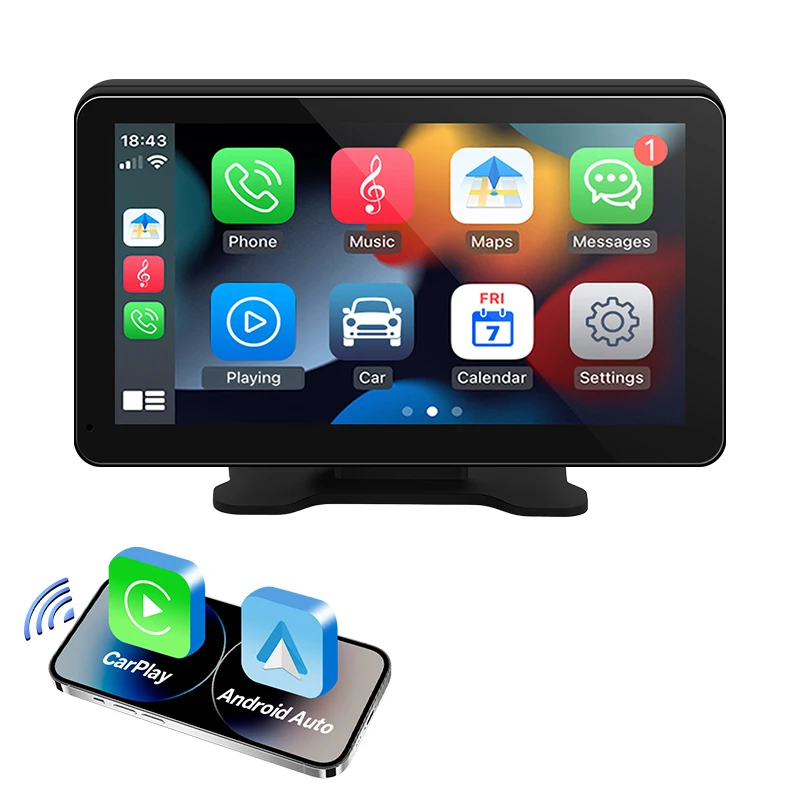 נגן מולטימדיה נייד Hippcron 7" עם מסך מגע IPS חיבור אלחוטי לניווט Carplay Android Auto תמיכה ב-AUX BT TF