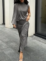 kliou Unique Irregular Women 2 Piece Set Solid Swinging Pleated Single Full Sleeve Turtleneck Tops+Matching Split Maxi Skirts - Image 2