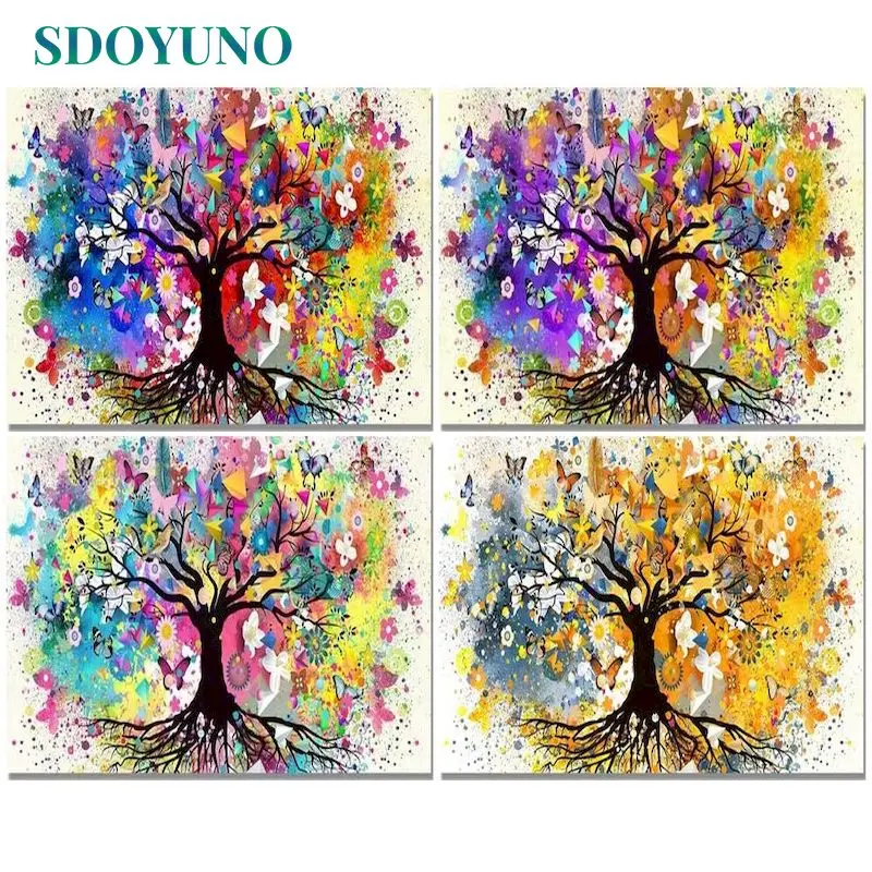 

SDOYUNO DIY Colorful Tree Painting By Numbers Frame Acrylic Paint By Number Handpainted For Home Decor Calligraphy Painting