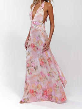 Elegant Floral Print Maxi Dress Sleeveless Halter Neckline with Open Back Women s Summer Party Gown 3