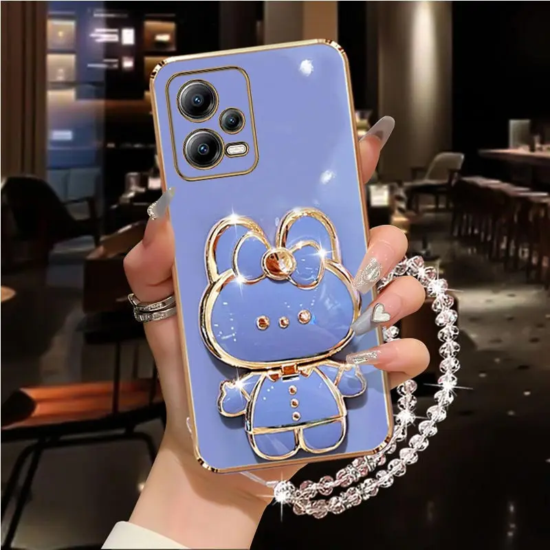 Diamond Strap Mirror Rabbit Phone Holder Case with Stand Cover