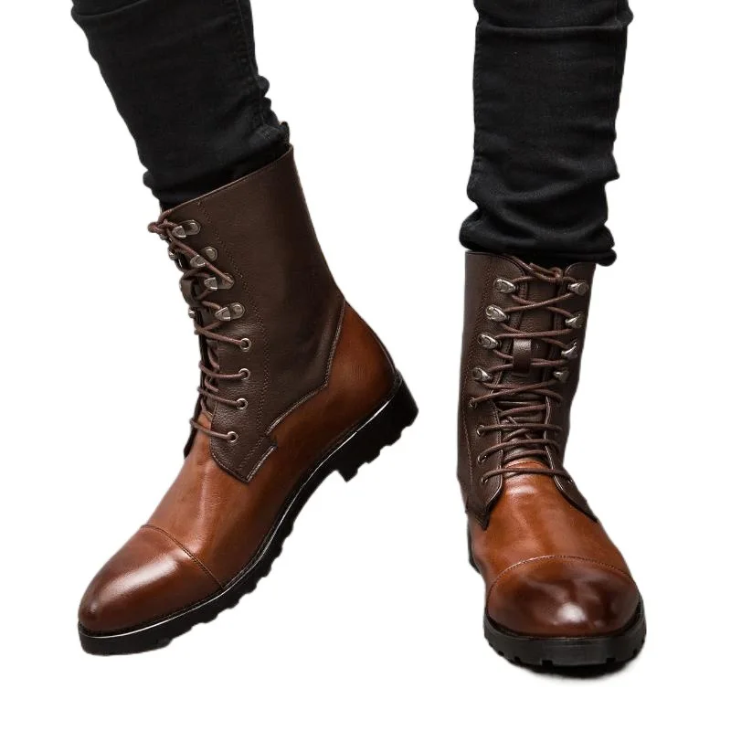 Mens Chelsea Boots Casual Pointed Toe Man Shoe Vintage Leather Footwear Men High Top Boots Lace-up Motorcycle Shoes