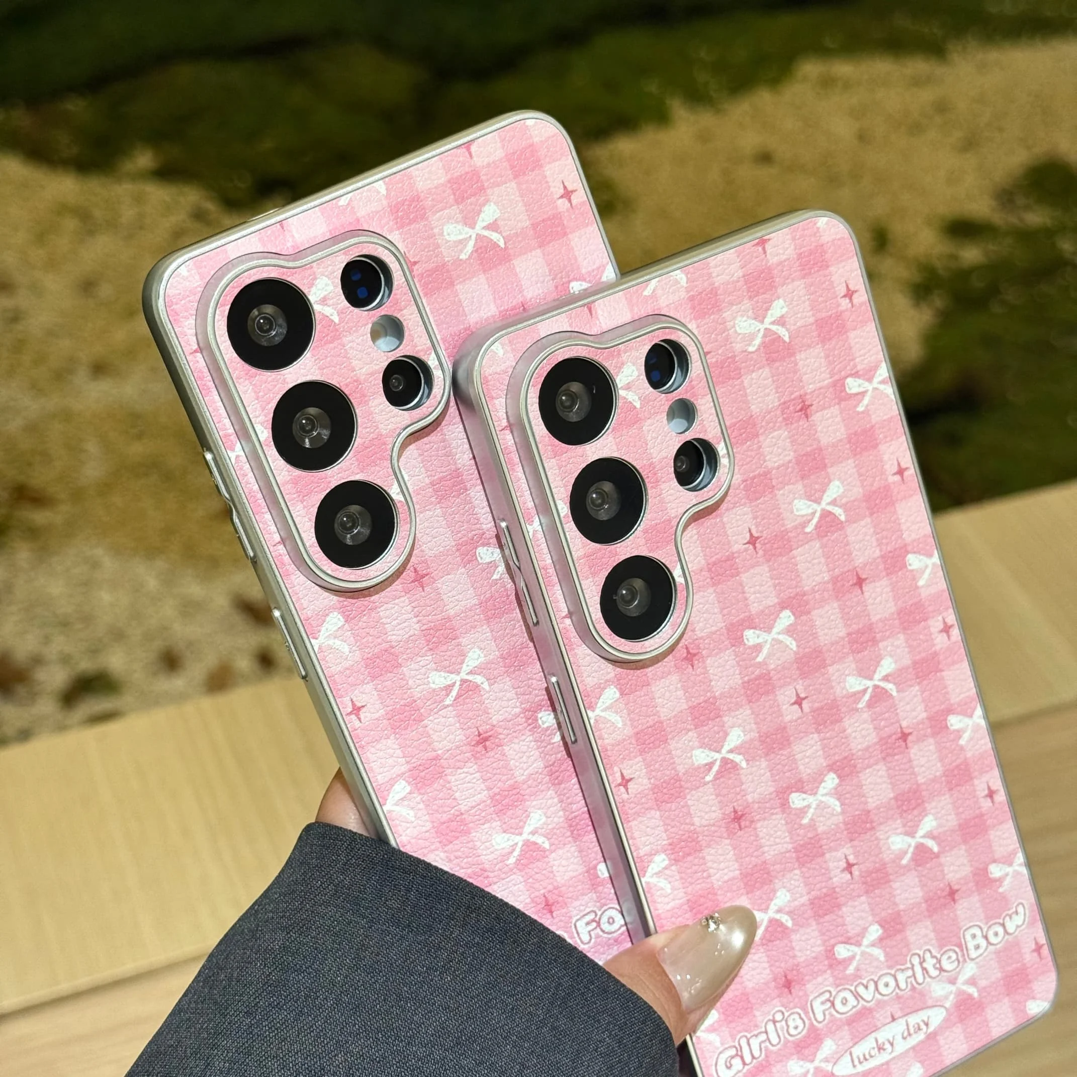 Korean Cute Bow Pink Grid Magnetic Phone Case with Holder Cover