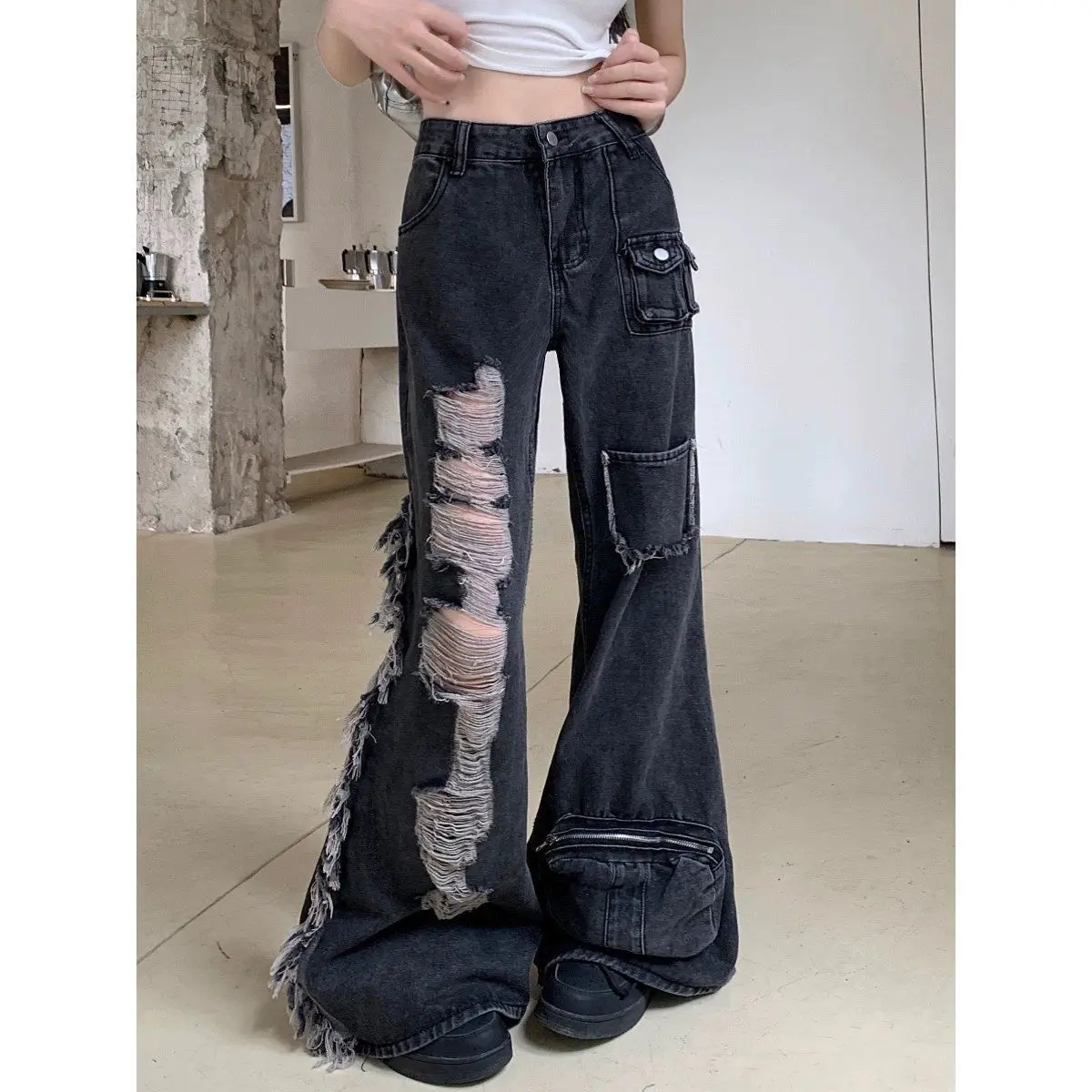 American Street Waste Soil Wind Hip-Hop Design Washed Distressed Jeans With Multiple Pockets For Straight Leg Wide Casual Pants