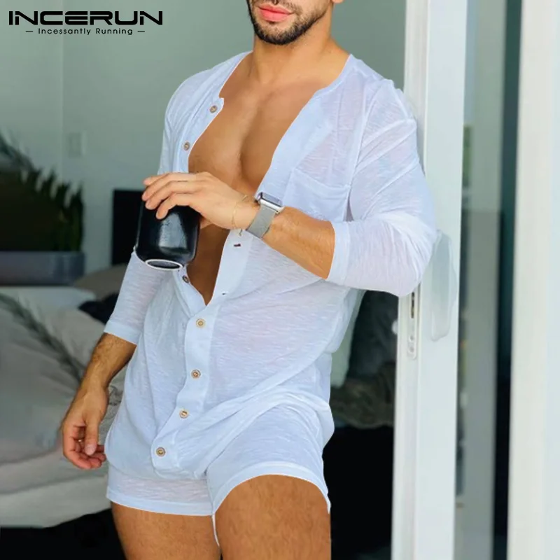 Men Pajamas Rompers Solid Color O Neck Long Sleeve Button Jumpsuits