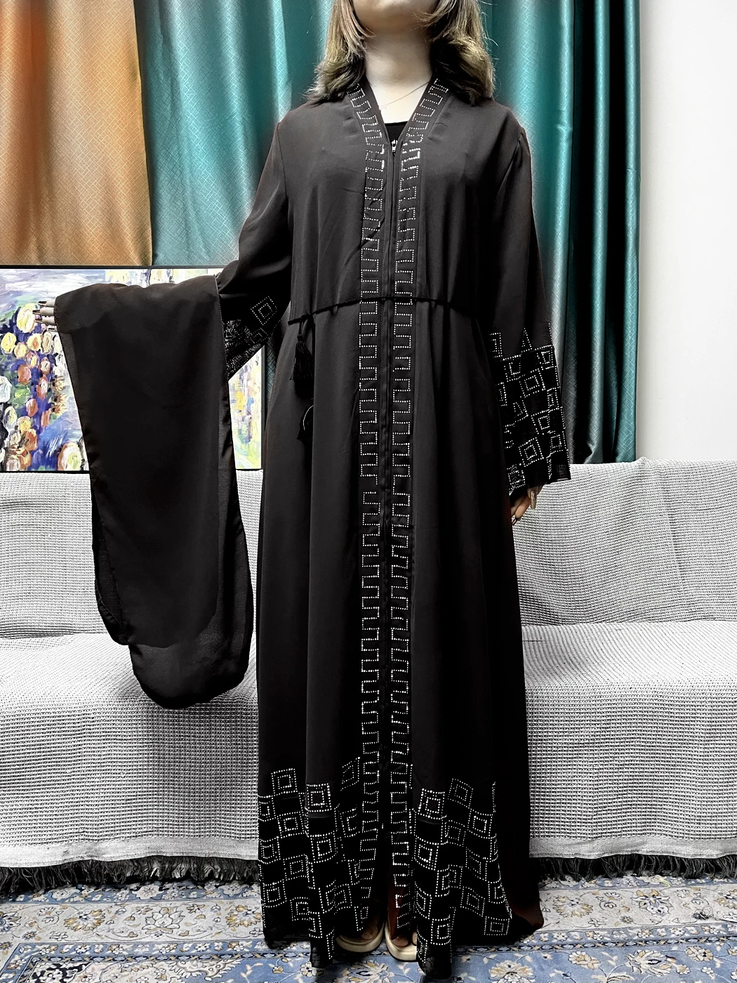 Muslim Open Abayas For Women Chiffon Pure Chains Diamonds Loose Fit Femme Robe Islamic Turkey Dress Moroccan Caftan With Turban