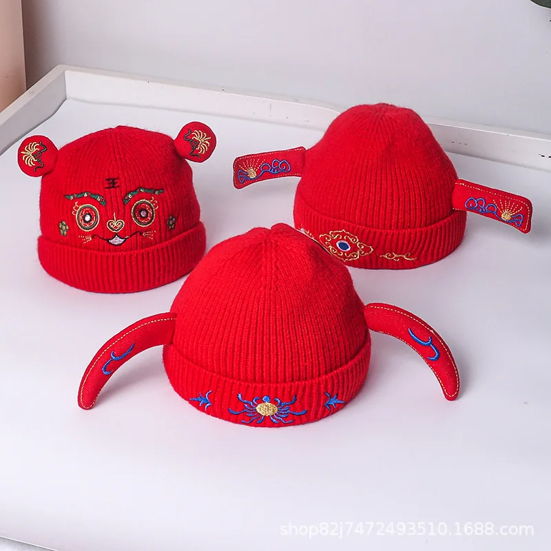 

Dad Mother Kids Baby Hats for Girl Boy Newborn Beanie Infant Chinese Style Winter Autumn Family Warm Knitted Parent Children Hat
