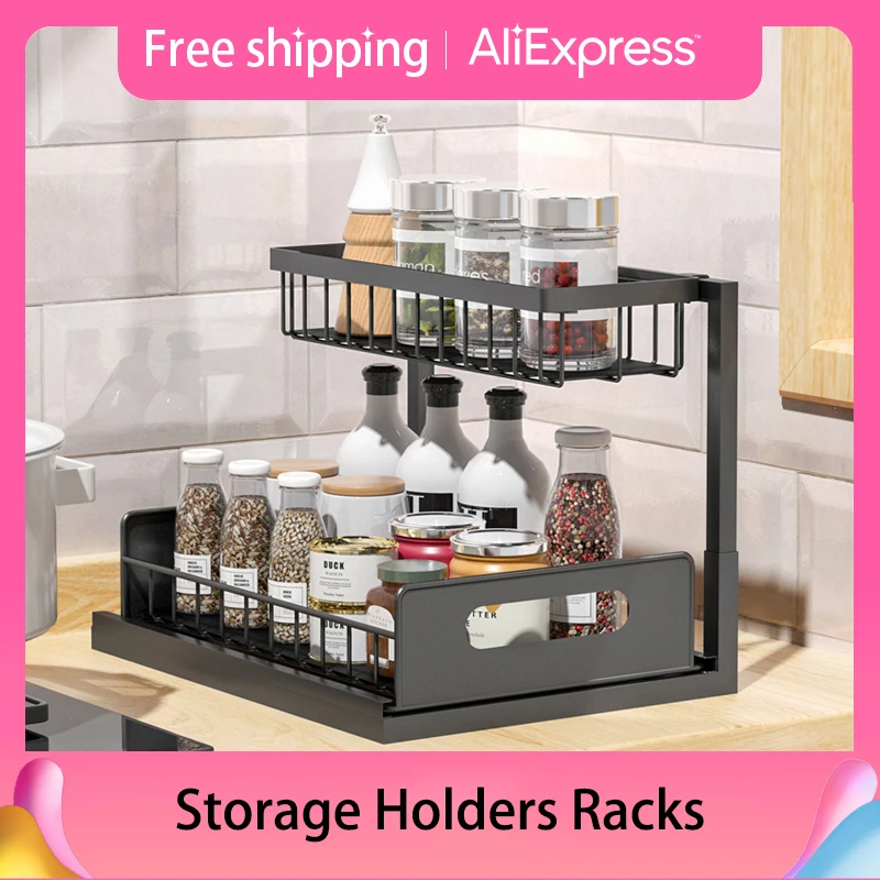 

Under Sink Storage Organizer 2 Tier Drawers Cabinet Basket Kitchen Tools Sundries Rack Bathroom Under Sink Sliding Organizers