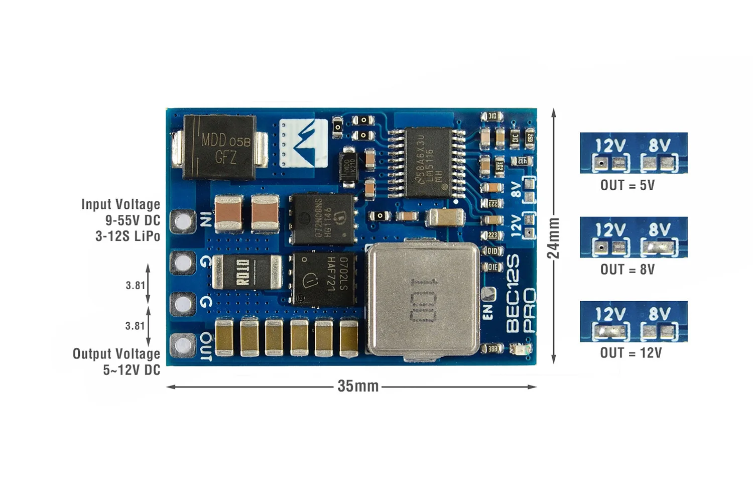 

MATEKSYS BEC12S-PRO 9-55V TO 5V/8V/12V-5A BEC Module 3-12S Overcurrent Protection & Self-recovery for RC Airplane Multirotor