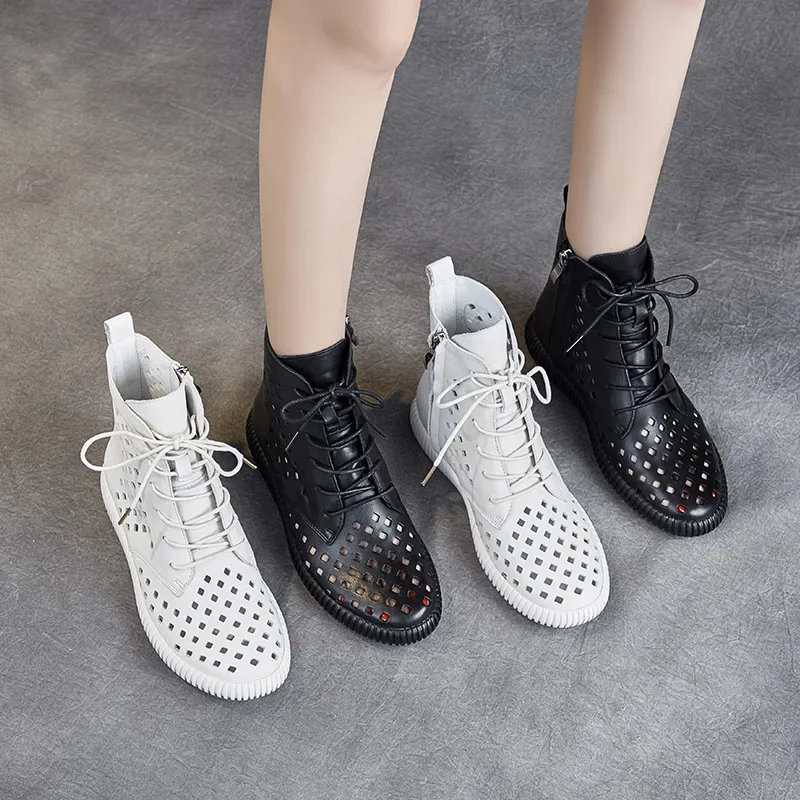 

New 2023 Retro Cowhide Platform Gladiator Women'S Sandals Summer Flats Breathable Holes Ankle Boots Leather Women'S Chunky Shoes