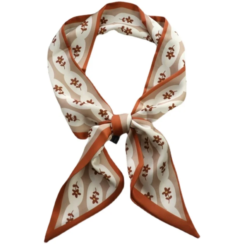 New Checkerboard Print Women Small Silk Scarf Handle Bag Ribbons Female Head Scarves Sharp Angle For Women  100*9cm 5