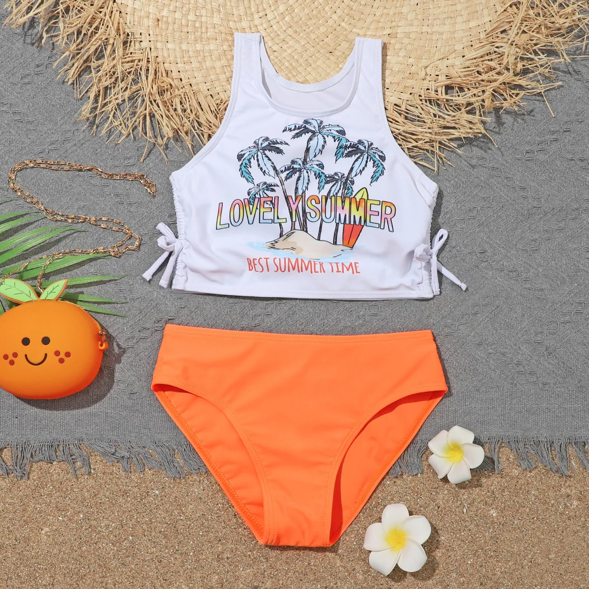 Ragazze Bambini Costumi Da Bagno Bikini Spiaggia Bambini Collo Alto Costume Da Bagno 7-12 Anni Stampa Palma Da Cocco Vita Alta Biquini Teens Costume D