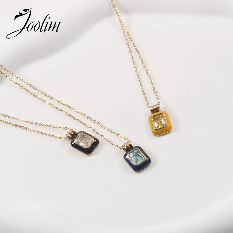 

Joolim Jewelry Wholesale High End PVD Tarnish Free Multicolor Glue Square Zirconia Pendnat Stainless Steel Necklace For Women