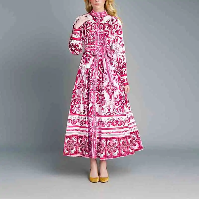 Feminino retro impresso a linha vestido longo elegante lanterna manga lapela camisa plissado vestidos de festa feminino primavera grande bainha vestido 41 S29d7565a552a44f399aedd242cb0ad4fG