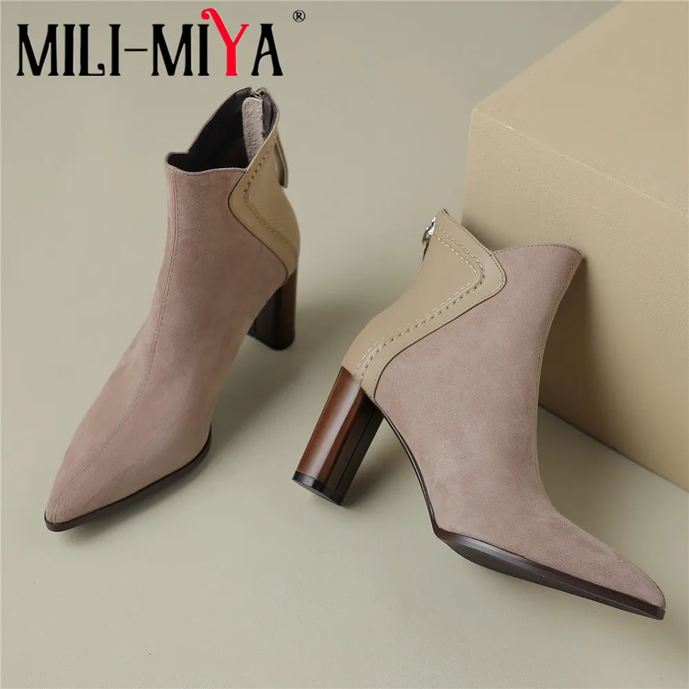 

MILI-MIYA Fashion Pointed Toe Women Kid Suede And Cow Leather Splicing Ankle Boots Thick Heels Solid Color Casual Street Shoes