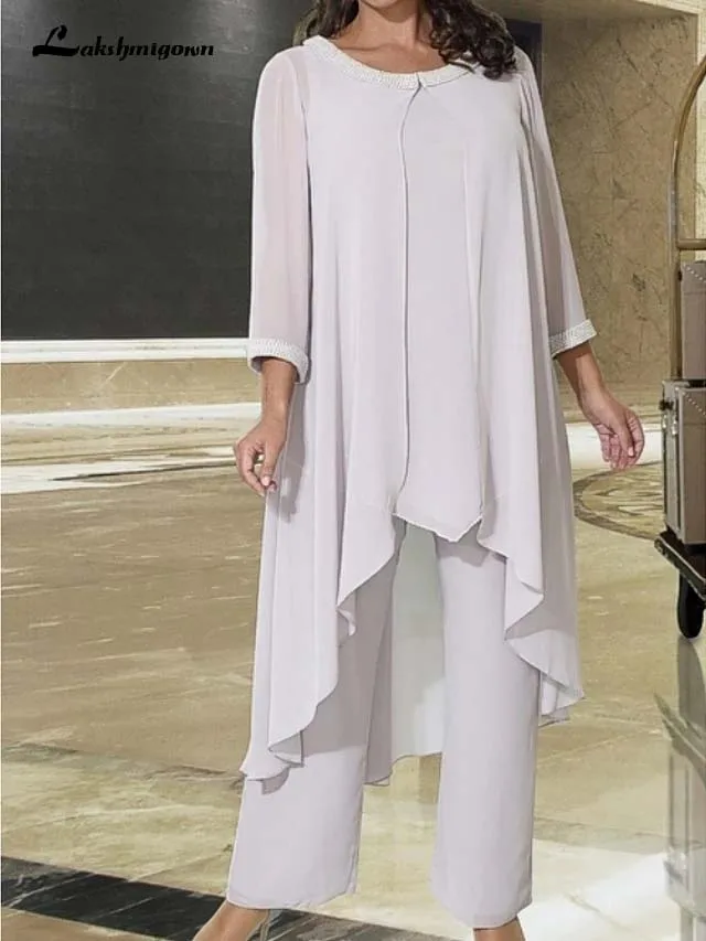 

Mother of the Bride Pant Suit Elegant Jewel Neck Floor Length Chiffon 3/4 Length Sleeve with Pleats