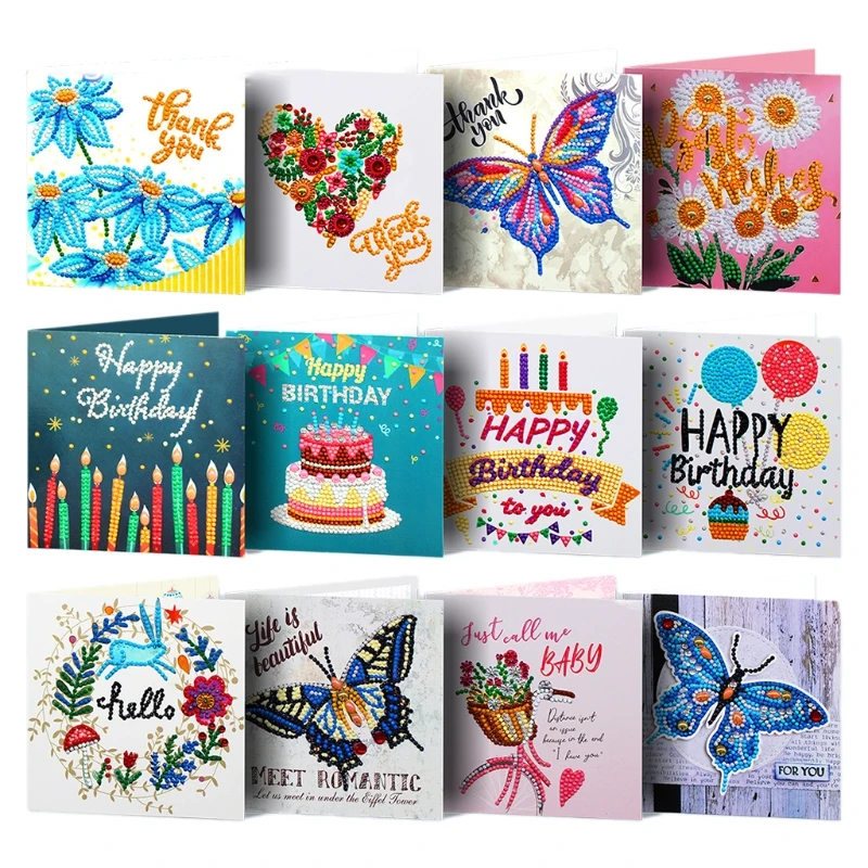 

12 Pcs/Set DIY Diamond Painted Birthday Cards Holiday Thank You Greeting Cards Making Art Craft Gifts for Family Friends