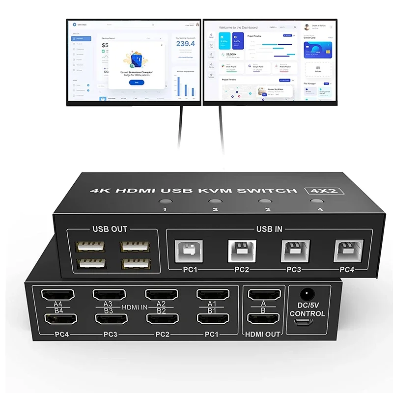 

4 Port HDMI KVM Switch 4x2 Dual Monitor 4K@60Hz Extended Display USB KVM Switch 4 in 2 out for 4 PC Share Keyboard Mouse Monitor