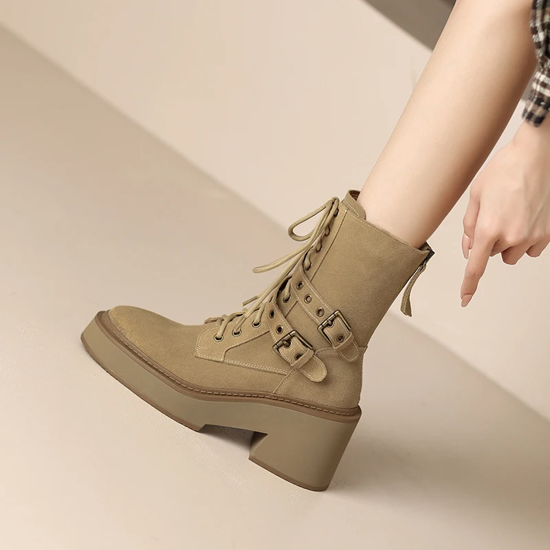 

2023 New Autumn winter Women ankle boots natural leather 22-24.5cm cow suede+pigskin modern boots thick heel buckle short boots