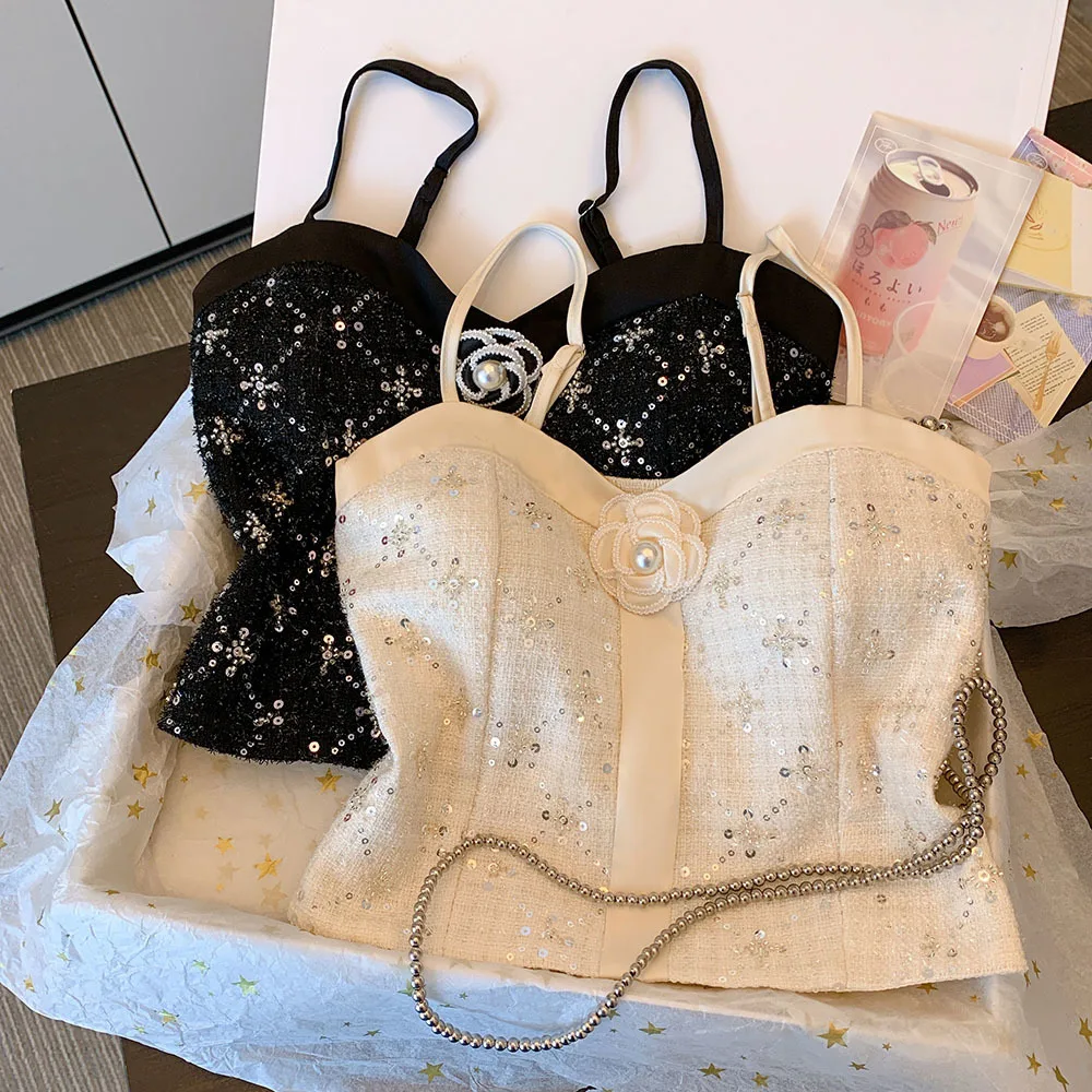 여성용 프렌치 섹시 백리스 캐미솔, 트위드 스트랩 탱크 탑, 한국 Y2k 의류, ..