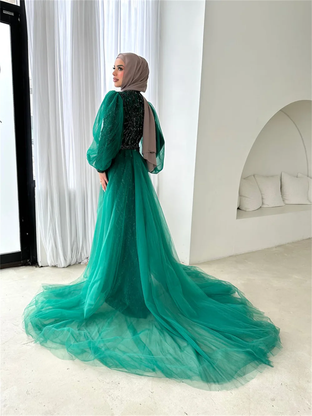 Cathy Muslim Mermaid Prom Dress Puff Sleeve Beaded فساتين مناسبة رسمية Elegant Plus Size Vestidos De Noche