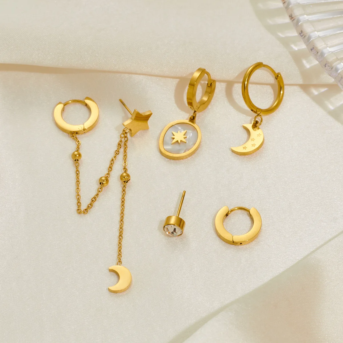 316L Stainless Steel 6 Pieces Set Star Moon Tassels Earring for Women Shiny Temperament Jewelry Gifts Wholesale 3